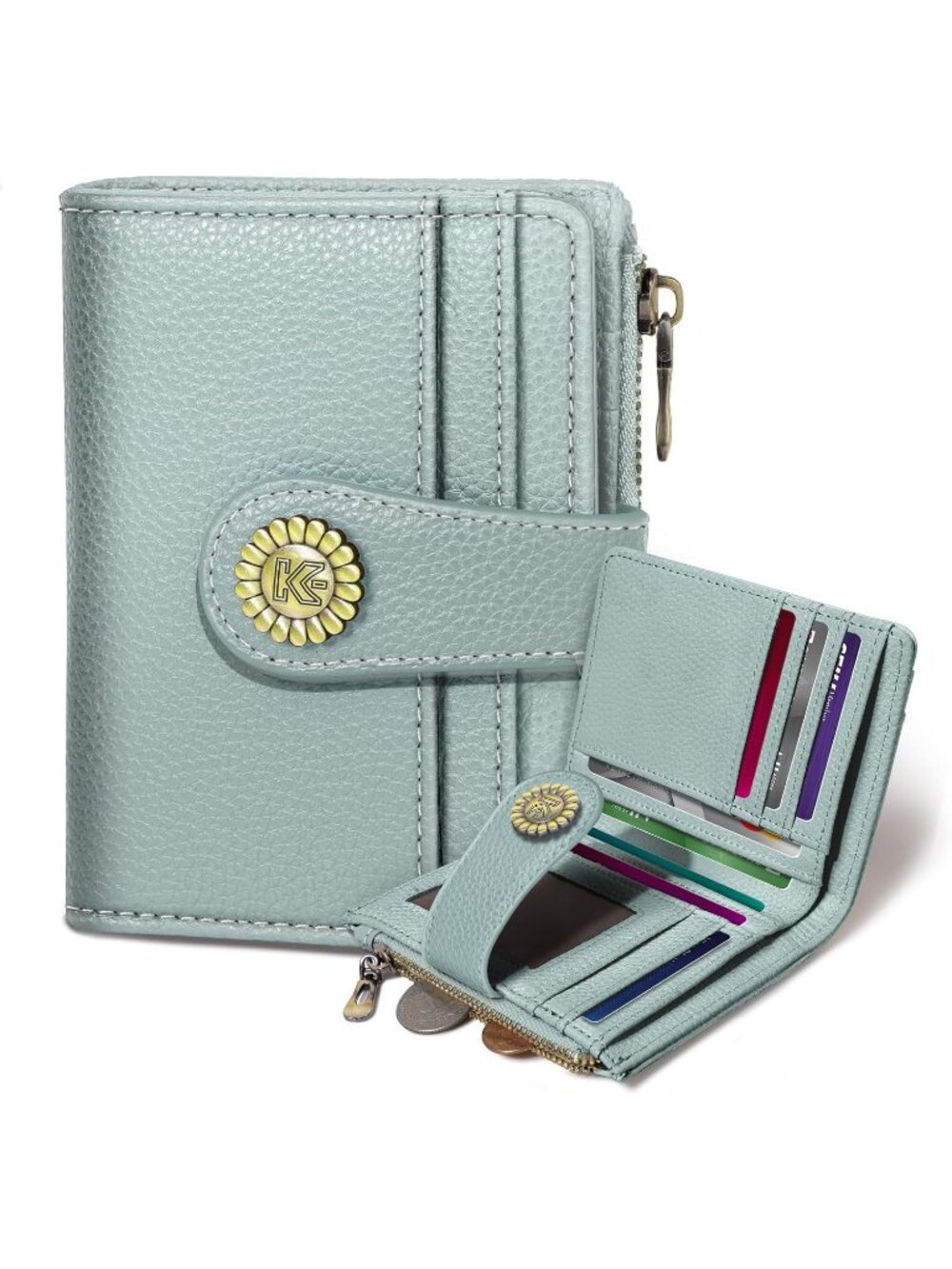 Women's Green Skull Goth RFID Coin Pocket Vegan Pu Leather Zipper Wallet